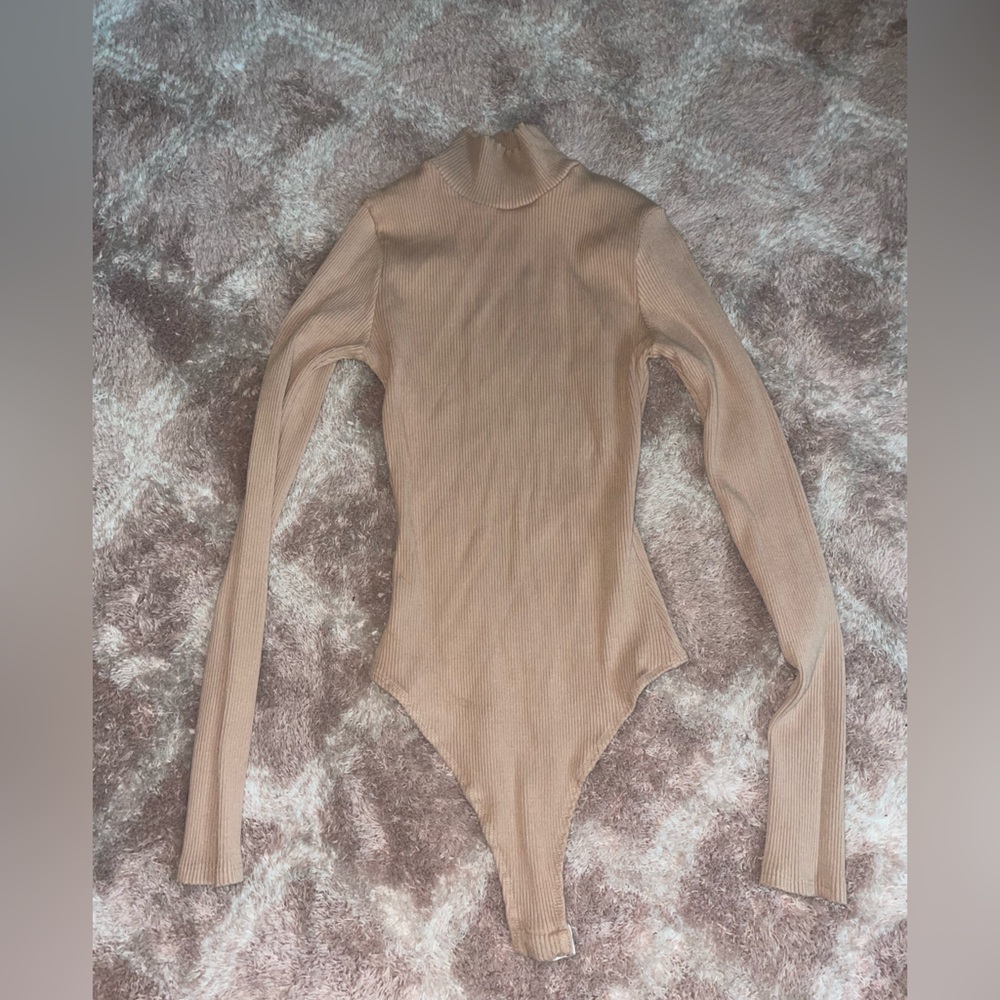 Tan ribbed long sleeve bodysuit